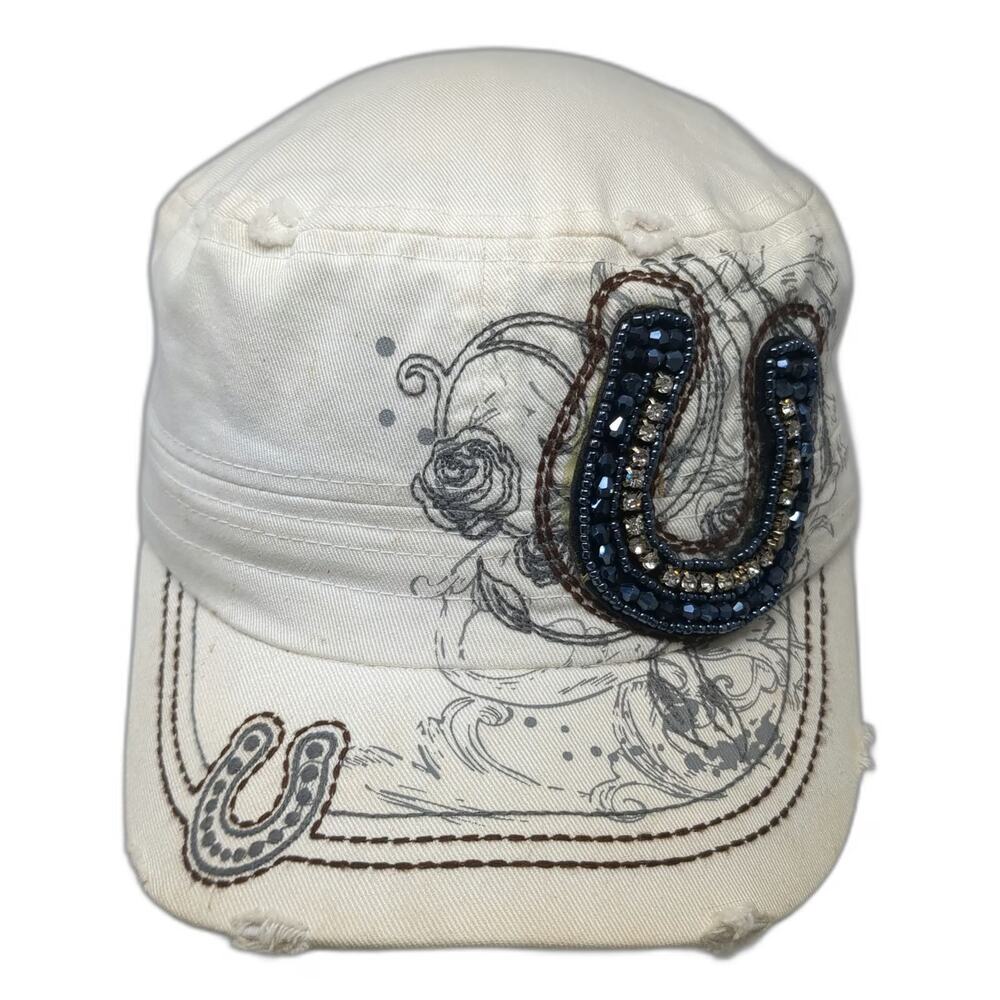 Leader LOGR Army Cap White One Size Beaded Horseshoe Floral Frayed Cadet Hat